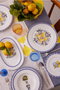 Hermia Juego de Cena de Porcelana de 26 Piezas en Blanco, Amarillo y Azul